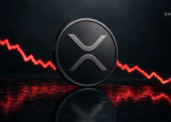 Ripple (XRP) coin with a red downward price line in a dark backdrop