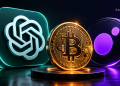 Gold Bitcoin coin on a pedestal with teal blockchain logo on the left and purple neon shapes on the right in a dark tech scene