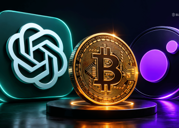 Gold Bitcoin coin on a pedestal with teal blockchain logo on the left and purple neon shapes on the right in a dark tech scene