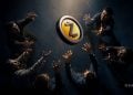 A group of people circle a glowing yellow coin with a purple Z, reaching toward it from all sides.