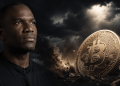 Man looks upward beside a giant Bitcoin coin rising from rubble under a stormy sky, with the BLOCKNEWS logo in the corner.