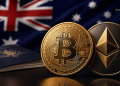 Gold Bitcoin and Ethereum coins resting beside an Australian flag backdrop and a passport on a desk, conveying crypto in Australia.