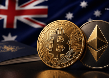 Gold Bitcoin and Ethereum coins resting beside an Australian flag backdrop and a passport on a desk, conveying crypto in Australia.