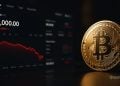 Bitcoin price dashboard: shows BTC at $55,000 with a red price drop on a dark trading screen beside a gold Bitcoin coin.