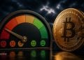 Semi-circular gauge with red to green color segments and emoji faces (angry to happy) beside a golden Bitcoin coin, signaling crypto sentiment.