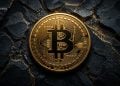 Gold Bitcoin coin resting on a dark cracked surface with gold veins and a BlockNews watermark in the corner.