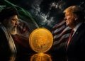 Two men in profile face off with the Iranian flag on the left and the American flag on the right, a glowing Bitcoin coin between them.
