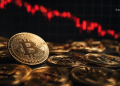 Bitcoin coin in focus among other coins with a red candlestick chart in the background, suggesting crypto trading gains and volatility