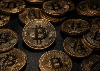 Pile of gold Bitcoin coins scattered on a dark surface, with a prominent central BTC coin and intricate circuit-like designs