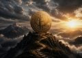 Gold Bitcoin coin resting on a rocky mountain summit with a stone path leading to it, set against a dramatic sunset and cloudy sky above the clouds
