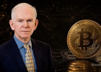 Elderly man in a dark suit beside a large gold Bitcoin coin against a dark, techy background.
