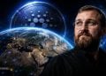 Bearded man with glasses gazes upward as a large blue cryptocurrency token rises behind Earth in space.