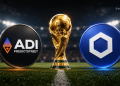 World Cup trophy centered between a black ADI PredictStreet coin on the left and a blue coin with a white hexagon on the right, set on a stadium field.