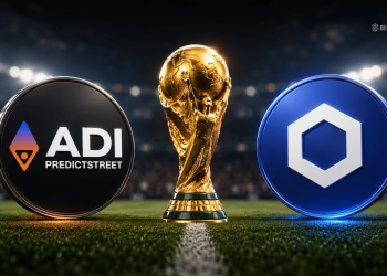 World Cup trophy centered between a black ADI PredictStreet coin on the left and a blue coin with a white hexagon on the right, set on a stadium field.