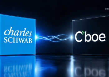 Two illuminated panels display the Charles Schwab logo on the left and the Cboe logo on the right, connected by blue neon waves against a dark background.