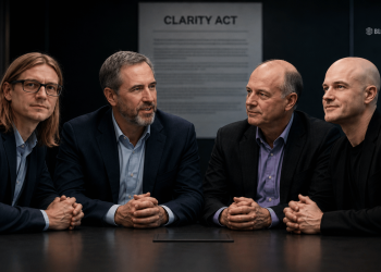 Four men in suits sit at a conference table, hands folded, discussing in a dimly lit room with a CLARITY ACT poster in the background.