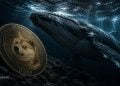 Dogecoin coin with the Doge face drifting underwater beside a large whale in a dark ocean.