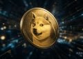 Golden Doge crypto coin with a Shiba Inu face against a glowing, tech-filled blue background