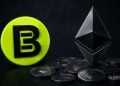 Bright green Bitcoin logo beside a metallic Ethereum 3D logo on a dark surface with scattered crypto coins, illustrating cryptocurrency.