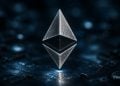 Metallic Ethereum logo shaped like a crystal diamond, standing upright with a mirrored reflection on a dark blue, futuristic background.