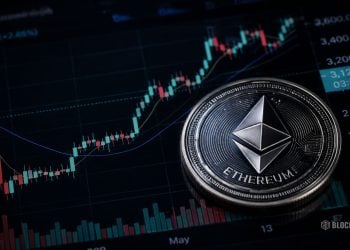 Close-up of a silver Ethereum coin over a dark cryptocurrency trading chart with candlesticks and volume bars in the background.