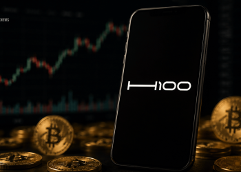 Smartphone screen showing 'HOO' logo in front of a Bitcoin coin pile and a trading chart background, with a BlockNews logo in the corner