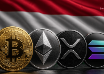 Gold Bitcoin coin beside Ethereum, XRP, and Solana coins with a red‑white‑black flag backdrop.