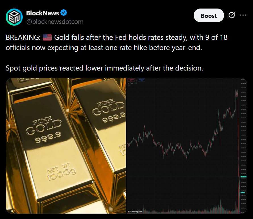 Gold Falls After Hawkish Fed Determination – Right here Is Why Crypto Merchants Ought to Pay Consideration – BlockNews Gold Falls After Hawkish Fed Determination – Right here Is Why Crypto Merchants Ought to Pay Consideration – BlockNews