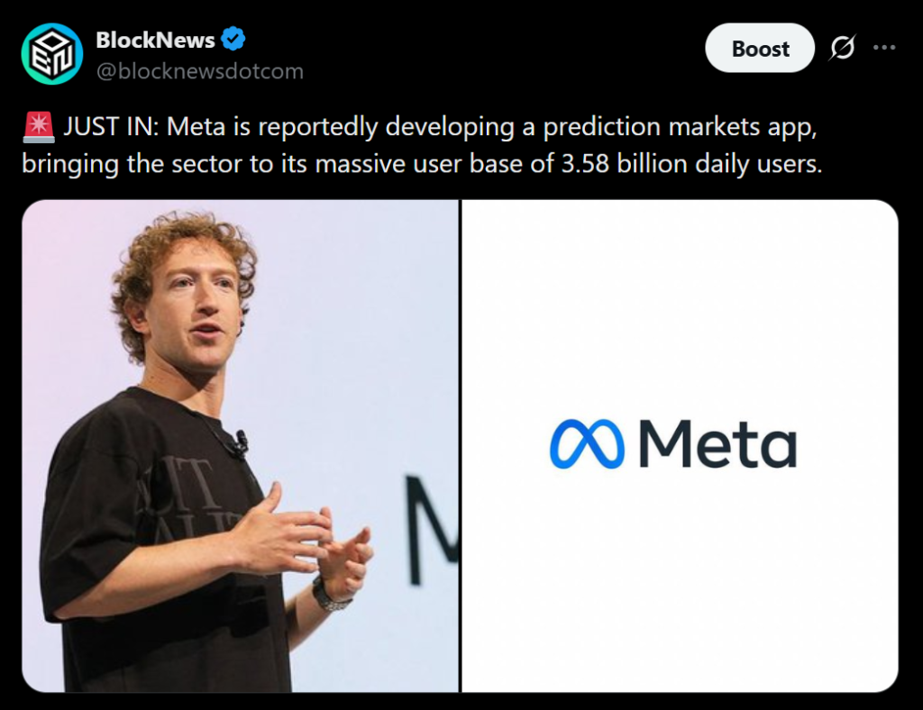 Meta Eyes Prediction Markets App – Right here Is Why Zuckerberg Needs a Piece of Crypto’s Quickest-Rising Pattern – BlockNews Meta Eyes Prediction Markets App – Right here Is Why Zuckerberg Needs a Piece of Crypto’s Quickest-Rising Pattern – BlockNews