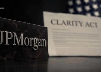 Close-up of a JPMorgan name plaque in the foreground with a blurred 'Clarity Act' document and US flag in the background.