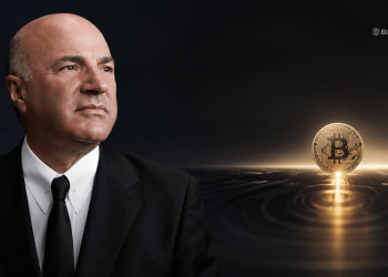 Businessman in a suit gazes to the left as a glowing bitcoin coin rises from a dark digital landscape on the right (BLOCKNEWS watermark).