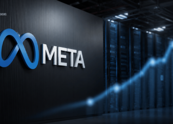 Meta logo on a dark wall in a data center with rows of server racks in the background (blue accent).