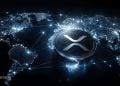 Ripple (XRP) coin over a glowing world map with network connections, representing global blockchain payments