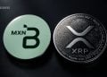 Green MXN token beside a silver Ripple XRP coin on a dark surface.