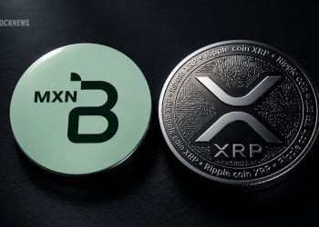 Green MXN token beside a silver Ripple XRP coin on a dark surface.