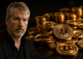 Man in a black shirt stands beside a pile of Bitcoin coins in a dark setting.