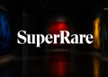 Dark art gallery with four textured canvases and a large white 'SuperRare' logo across the center.
