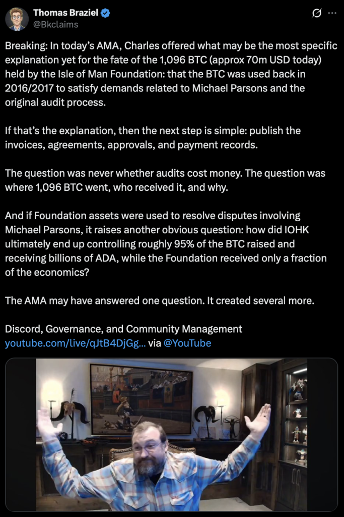 Cardano Crypto Treasury Debate Intensifies as Hoskinson Explains 1,096 BTC Switch – Right here Is What Occurred – BlockNews Cardano Crypto Treasury Debate Intensifies as Hoskinson Explains 1,096 BTC Switch – Right here Is What Occurred – BlockNews