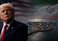 Close-up of Donald Trump in a dark suit and red tie, with the American flag and an offshore oil platform in the background.
