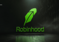 Robinhood logo in bright green with a stylized feather and the green 'Robinhood' wordmark on a dark, moody background.