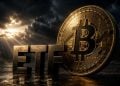 Gold Bitcoin coin leaning against large metallic letters spelling EXIT against a dark, cloudy background with sun rays.