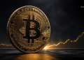Gold Bitcoin coin with circuitry details against a dark background and a glowing upward-trending line in the distance.