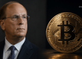 Businessman in a dark suit gazes to the right at a large Bitcoin coin embossed with circuitry and a Bitcoin symbol, on a dark background with a BlockNews logo in the corner.