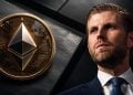 Professional man in a suit gazing upward beside a large glowing Ethereum coin on a textured black background.