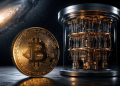 Gold Bitcoin coin leaning against a glass, cylindrical high-tech chamber set in a space backdrop, signaling crypto technology and innovation.