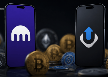Two smartphones stand amidst crypto coins, one showing a white M-shaped logo on purple and the other a blue upward-arrow logo on black, symbolizing crypto tech.