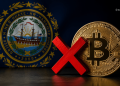 Bitcoin coin with a red X across it, symbolizing crypto ban, in a dark studio with a blurred government seal in the background