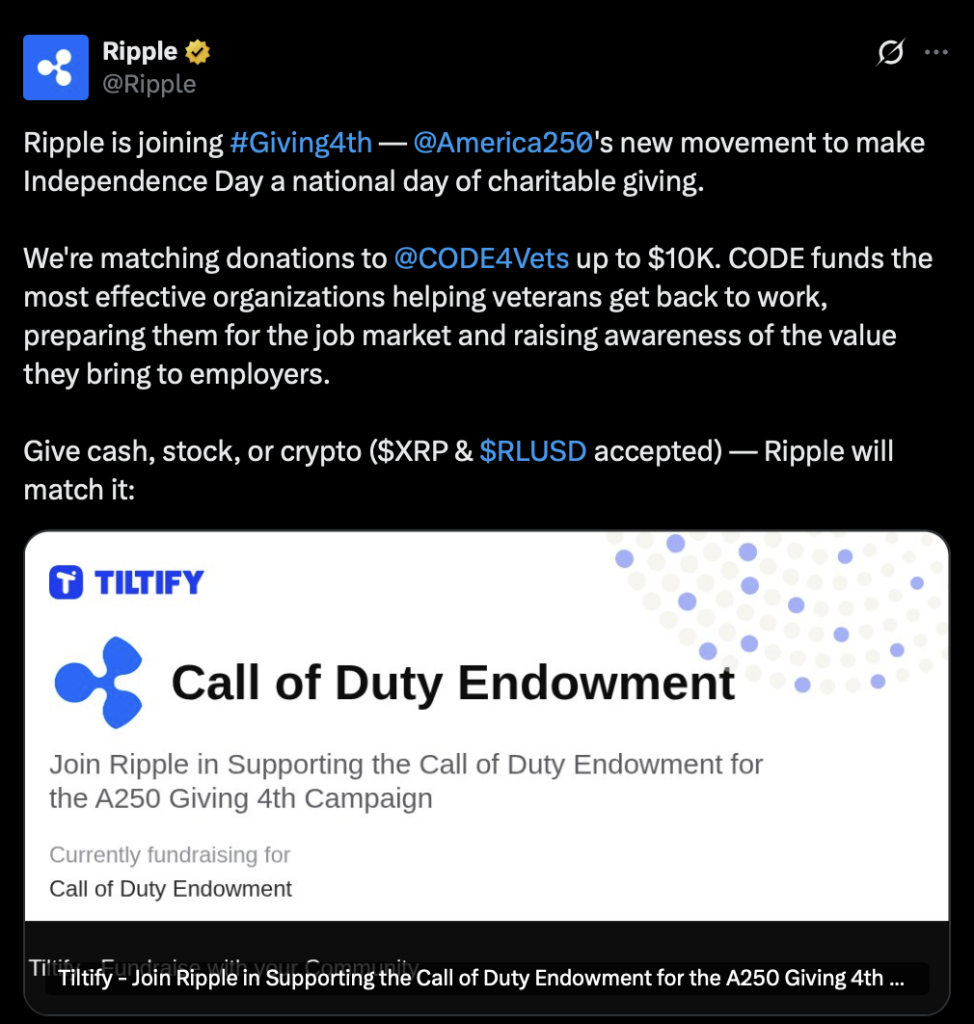 Ripple Launches XRP Donation Marketing campaign – Right here Is Why Its July 4 Initiative Helps U.S. Veterans – BlockNews Ripple Launches XRP Donation Marketing campaign – Right here Is Why Its July 4 Initiative Helps U.S. Veterans – BlockNews