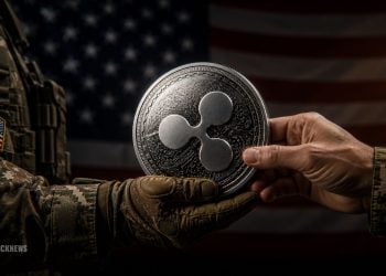 Soldier hands a Ripple cryptocurrency coin to another person, with the U.S. flag in the background.