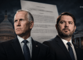 Two men in suits stand before a large blurred legal document, with the U.S. Capitol and columns in the background, signaling political drama.